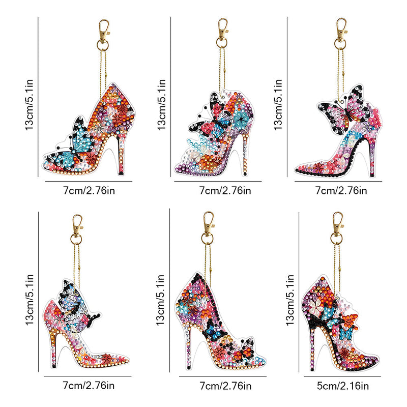 6Pcs Stylische Schmetterling High Heels Acryl Doppelseitiger Schlüsselanhänger Diamond Painting