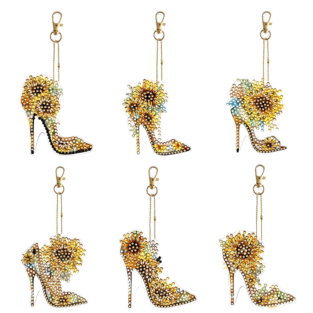 6Stück Stylische Sonnenblumen High Heels Acryl Doppelseitiger Schlüsselanhänger Diamond Painting