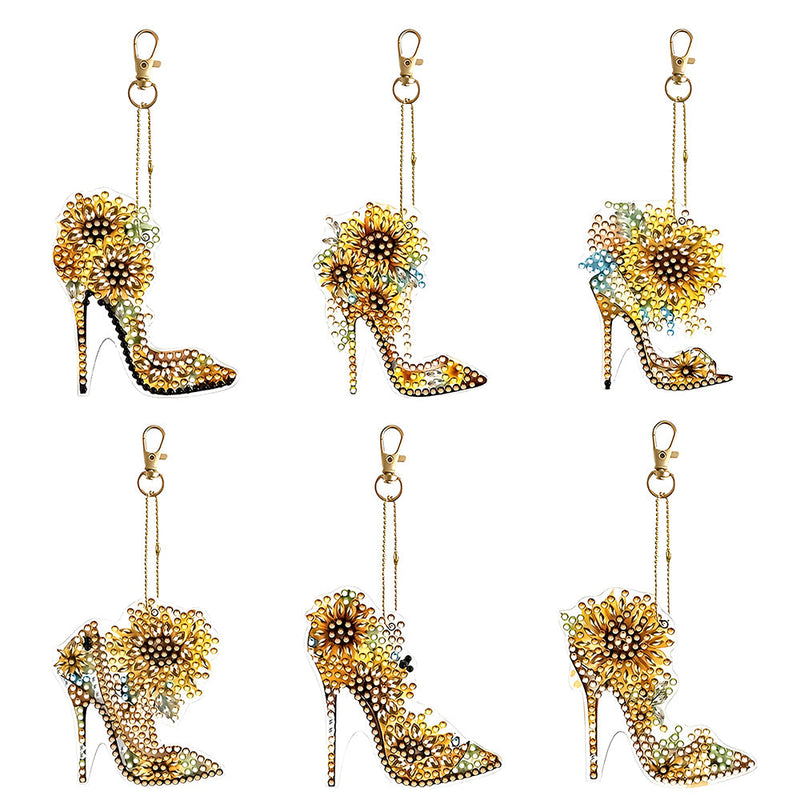 6Pcs Stylische Sonnenblumen High Heels Acryl Doppelseitiger Schlüsselanhänger Diamond Painting