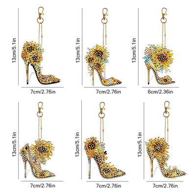 6Pcs Stylische Sonnenblumen High Heels Acryl Doppelseitiger Schlüsselanhänger Diamond Painting