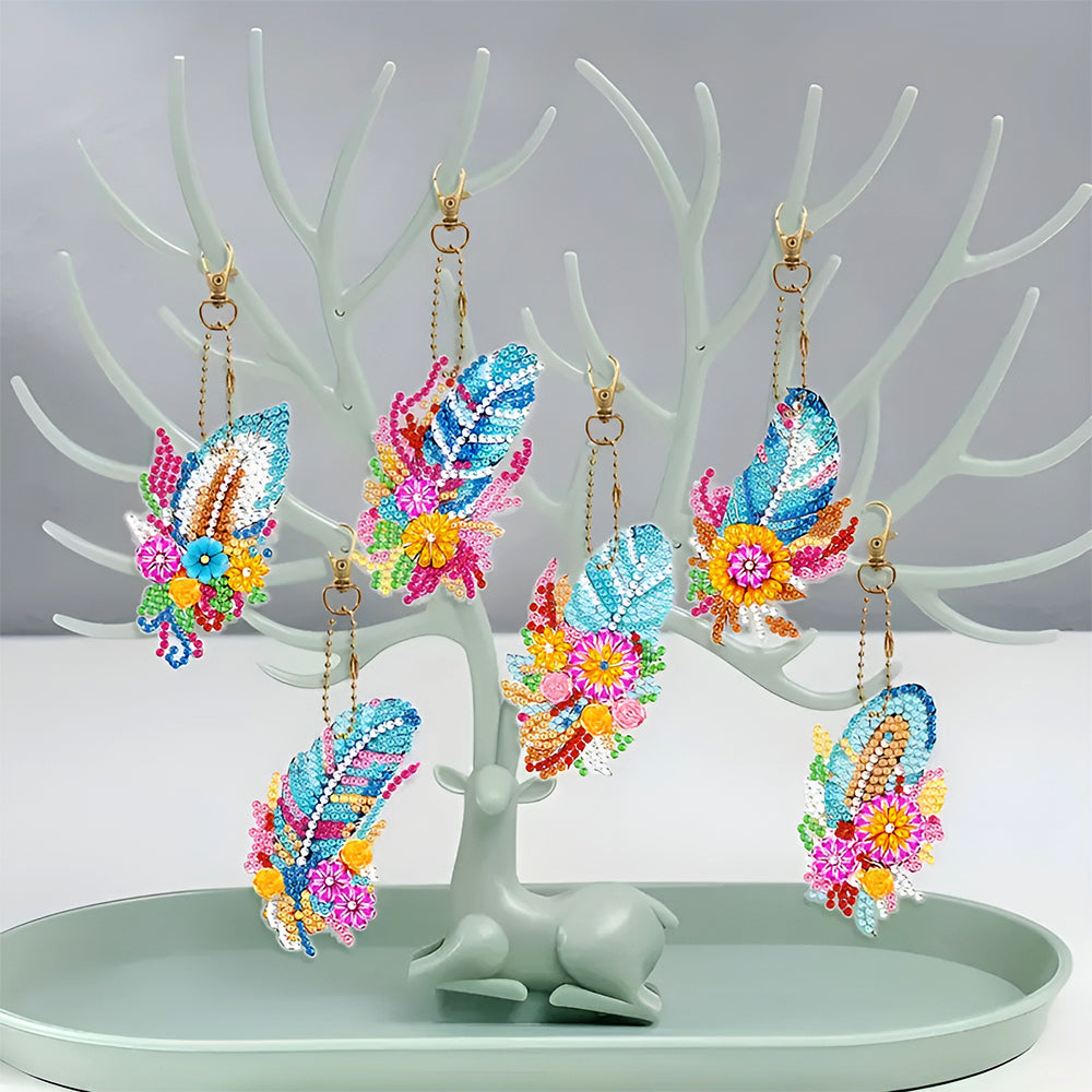 6Stück Bunte Blumen Federn Acryl Doppelseitiger Schlüsselanhänger Diamond Painting