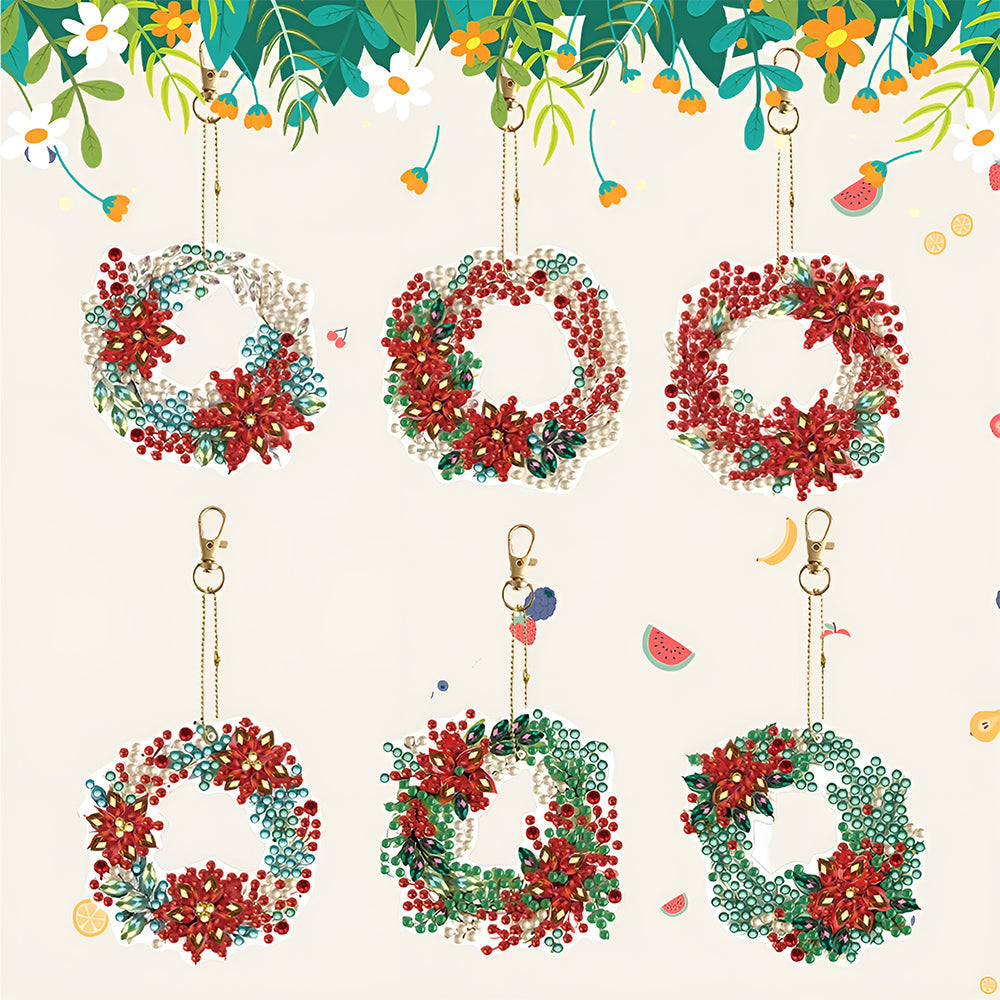 6Stück Weihnachtskranz Acryl Doppelseitiger Schlüsselanhänger Diamond Painting