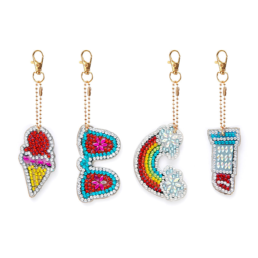 4Stück Lippenstift, Sonnenbrille und Regenbogenkegel Acryl Doppelseitiger Schlüsselanhänger Diamond Painting