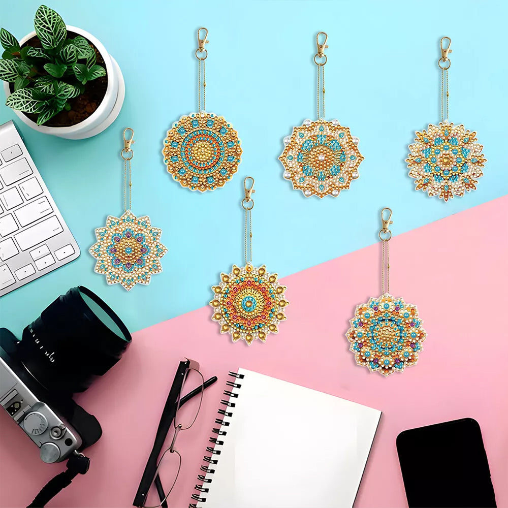 6Stück Blaues und Goldenes Mandala Acryl Doppelseitiger Schlüsselanhänger Diamond Painting