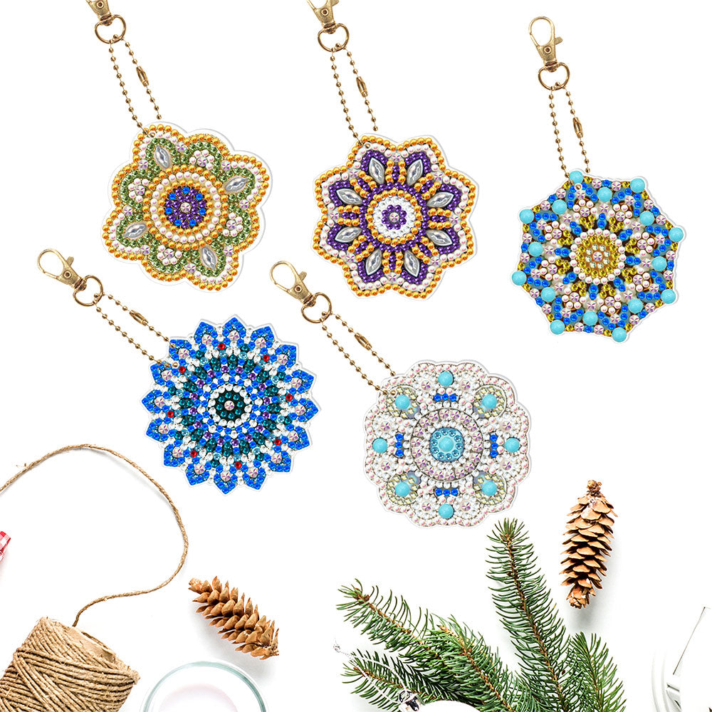 5 Stück Bunte Mandala Acryl Doppelseitiger Schlüsselanhänger Diamond Painting