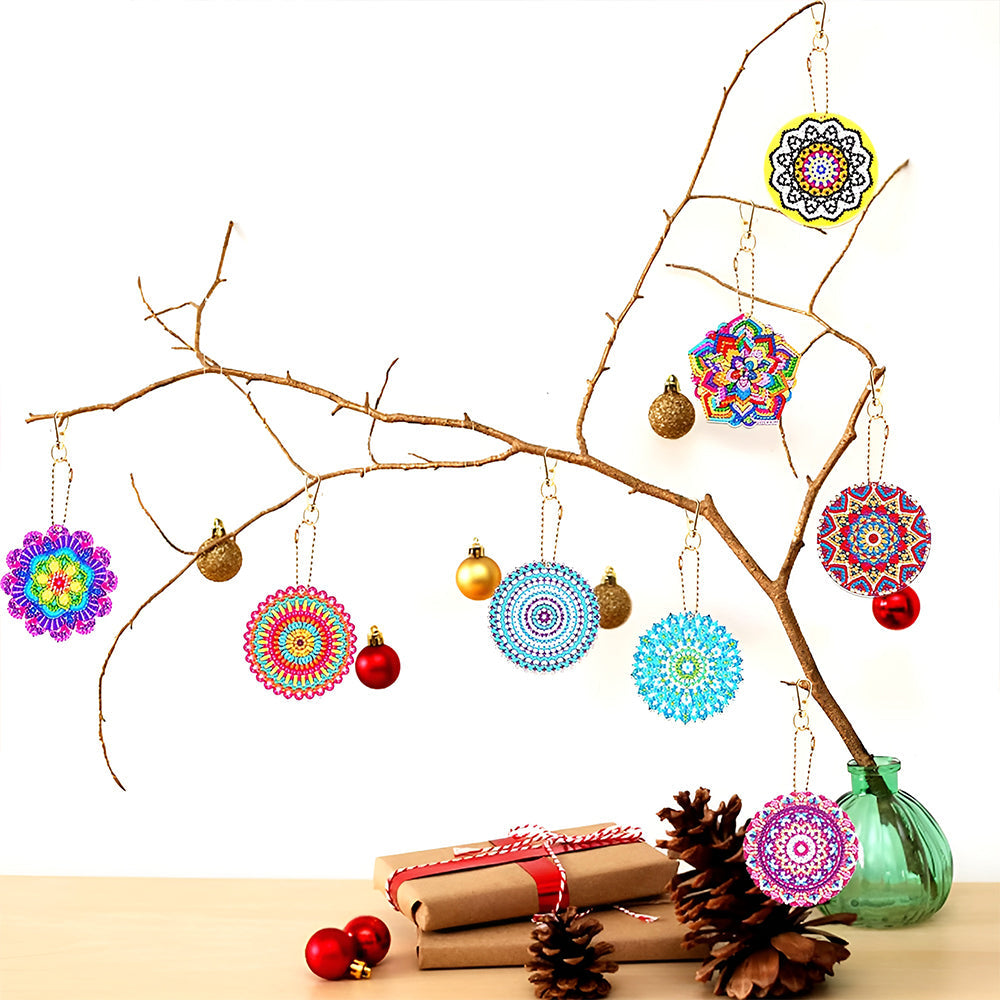 8Stück Bunte Mandala Acryl Doppelseitiger Schlüsselanhänger Diamond Painting