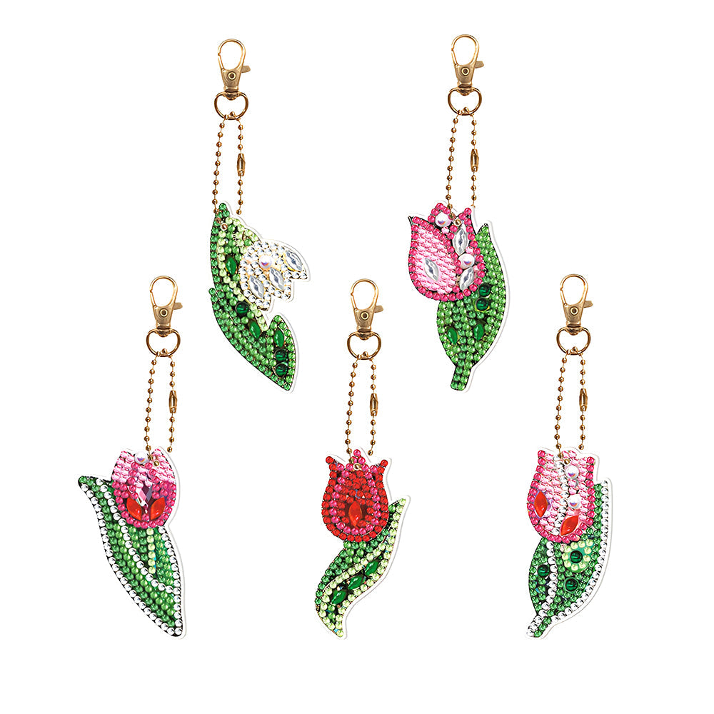 5Stück Rote Tulpe Acryl Doppelseitiger Schlüsselanhänger Diamond Painting