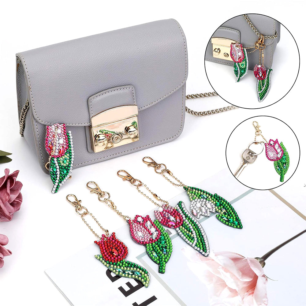 5Stück Rote Tulpe Acryl Doppelseitiger Schlüsselanhänger Diamond Painting