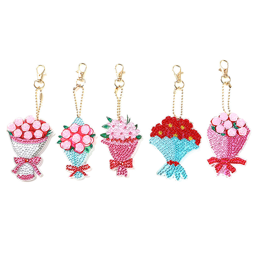 5Stück Schöner Blumenstrauß Acryl Doppelseitiger Schlüsselanhänger Diamond Painting