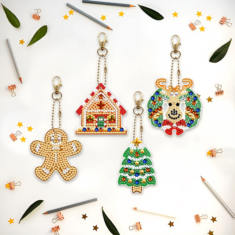 4Pcs Weihnachtsdekoration Acryl Doppelseitiger Schlüsselanhänger Diamond Painting