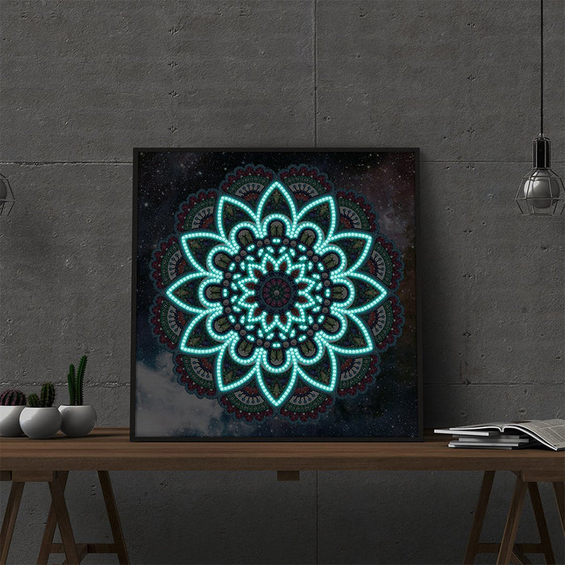 Blaues Lotus Mandala Leuchtend Sonderform Diamond Painting