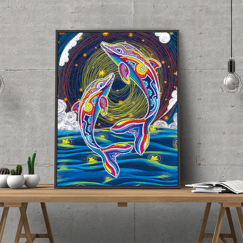 Zwei Delphine bei Nacht Leuchtend Sonderform Diamond Painting