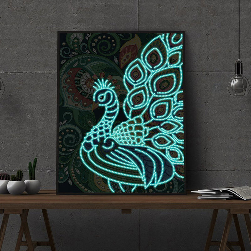 Grün und Blau Pfau Leuchtend Sonderform Diamond Painting