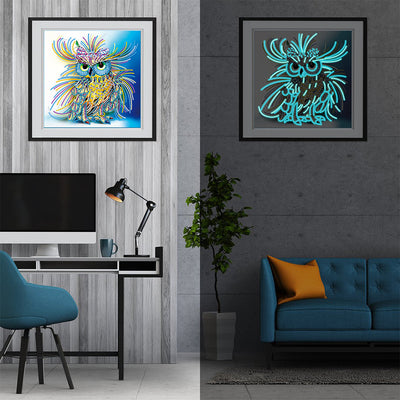 Gelbe und Blaue Eule Leuchtend Sonderform Diamond Painting