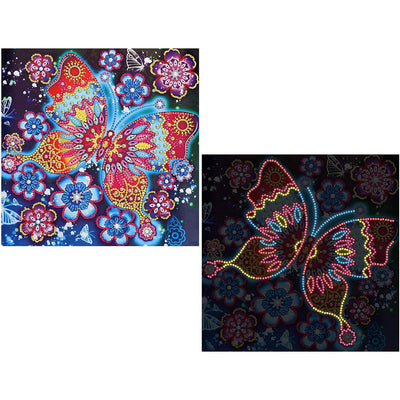 Blumen und Roter Schmetterling Farbig Leuchtend Kristall Strass Diamond Painting