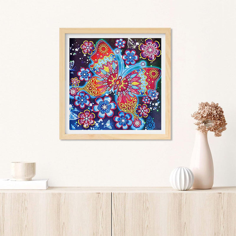 Blumen und Roter Schmetterling Farbig Leuchtend Kristall Strass Diamond Painting