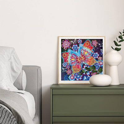 Blumen und Roter Schmetterling Farbig Leuchtend Kristall Strass Diamond Painting