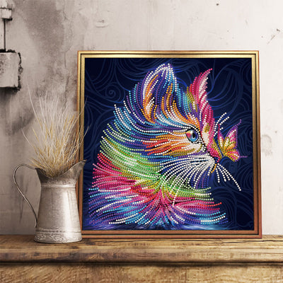 Bunte Katze und Schmetterling Farbig Leuchtend Kristall Strass Diamond Painting