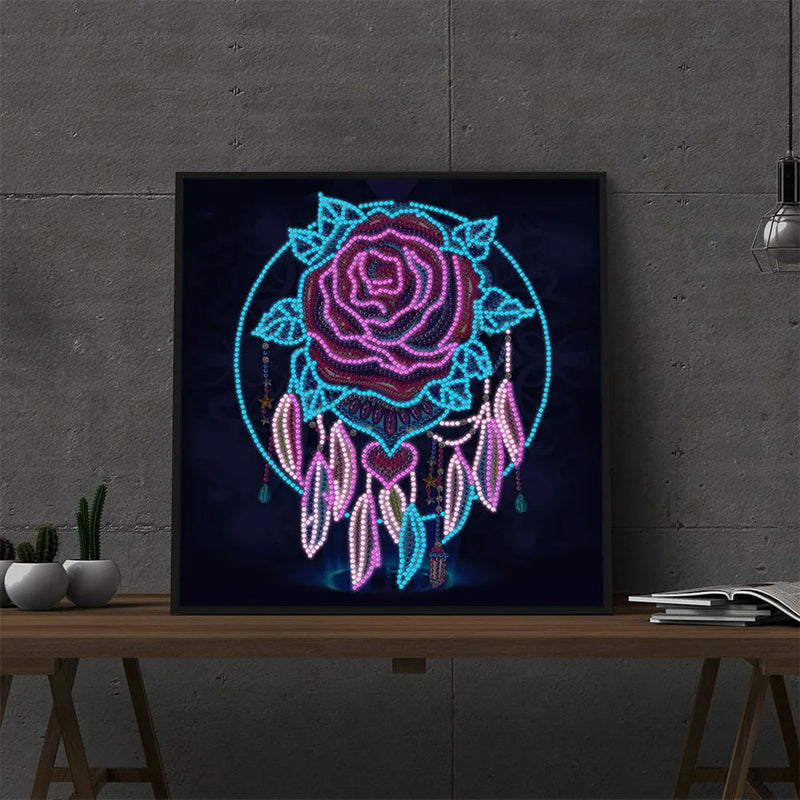 Rose Feder Traumfänger Farbig Leuchtend Kristall Strass Diamond Painting