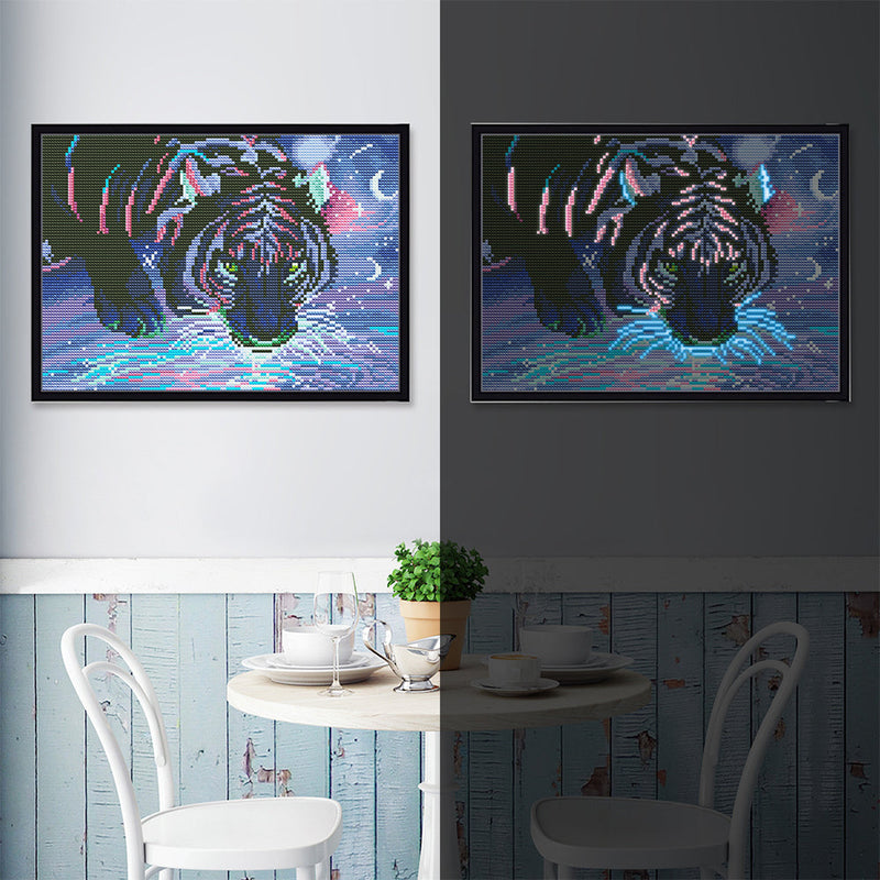 Tiger bei Nacht Farbig Leuchtend Kristall Strass Diamond Painting