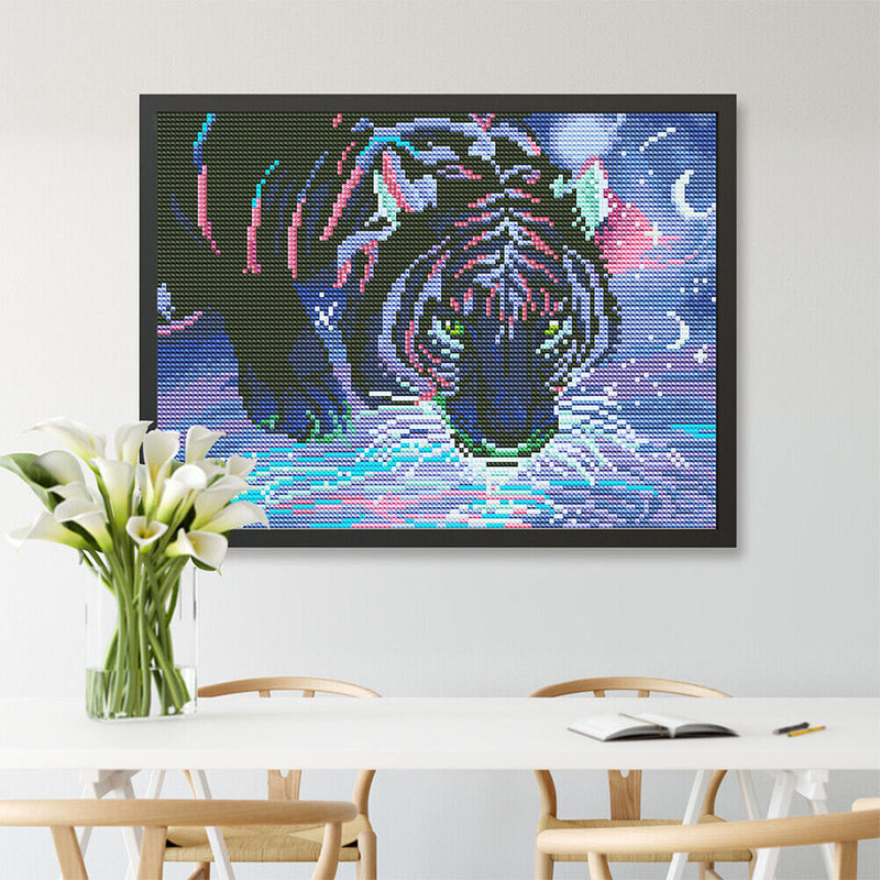 Tiger bei Nacht Farbig Leuchtend Kristall Strass Diamond Painting