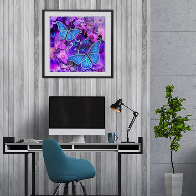 Blaue Schmetterlinge und Lila Blumen Leuchtend Kristall Strass Diamond Painting