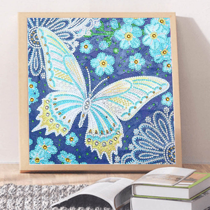 Blauer Schmetterling und Blumen Leuchtend Sonderform Diamond Painting