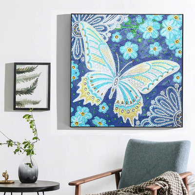 Blauer Schmetterling und Blumen Leuchtend Sonderform Diamond Painting