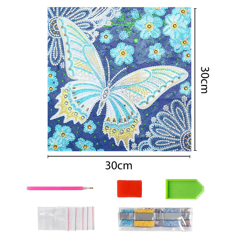 Blauer Schmetterling und Blumen Leuchtend Sonderform Diamond Painting