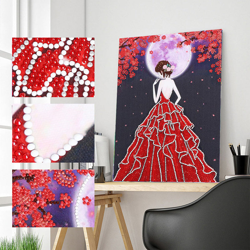 Frau im Roten Kleid Leuchtend Sonderform Diamond Painting