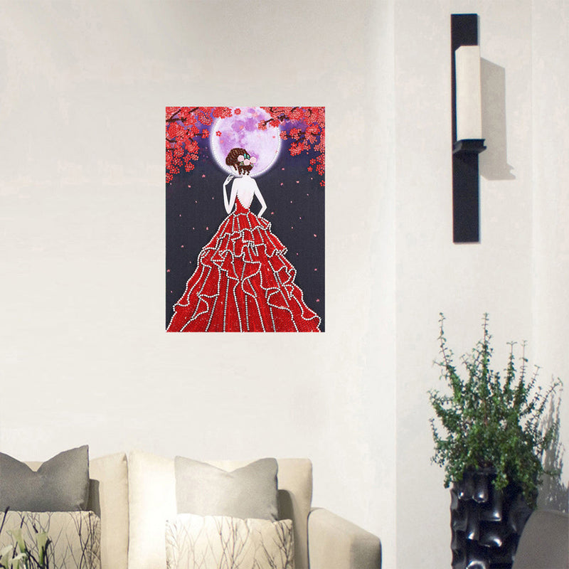 Frau im Roten Kleid Leuchtend Sonderform Diamond Painting