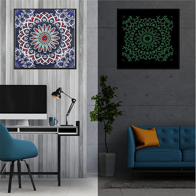 Rot und Blau Lotus Mandala Leuchtend Sonderform Diamond Painting