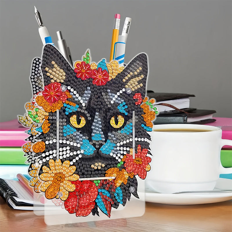 Schwarze Katze in Roten Blumen Diamond Painting Stifthalter