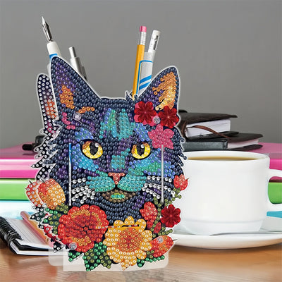 Schwarze Katze und Rote Blumen Diamond Painting Stifthalter