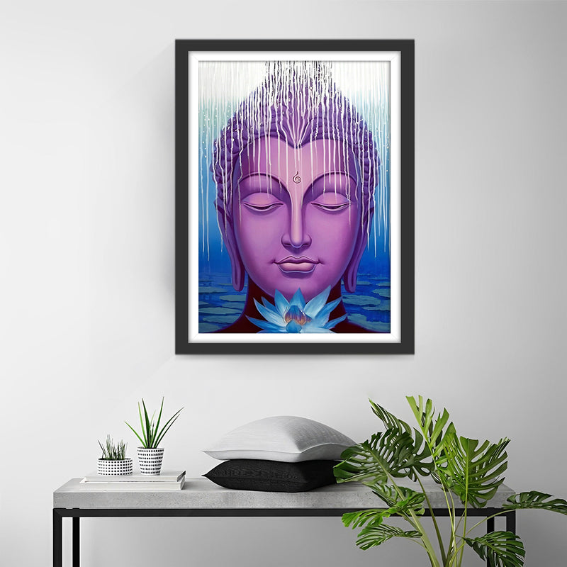 Lila Buddha-Statue und blaue Lotusblume Diamond Painting