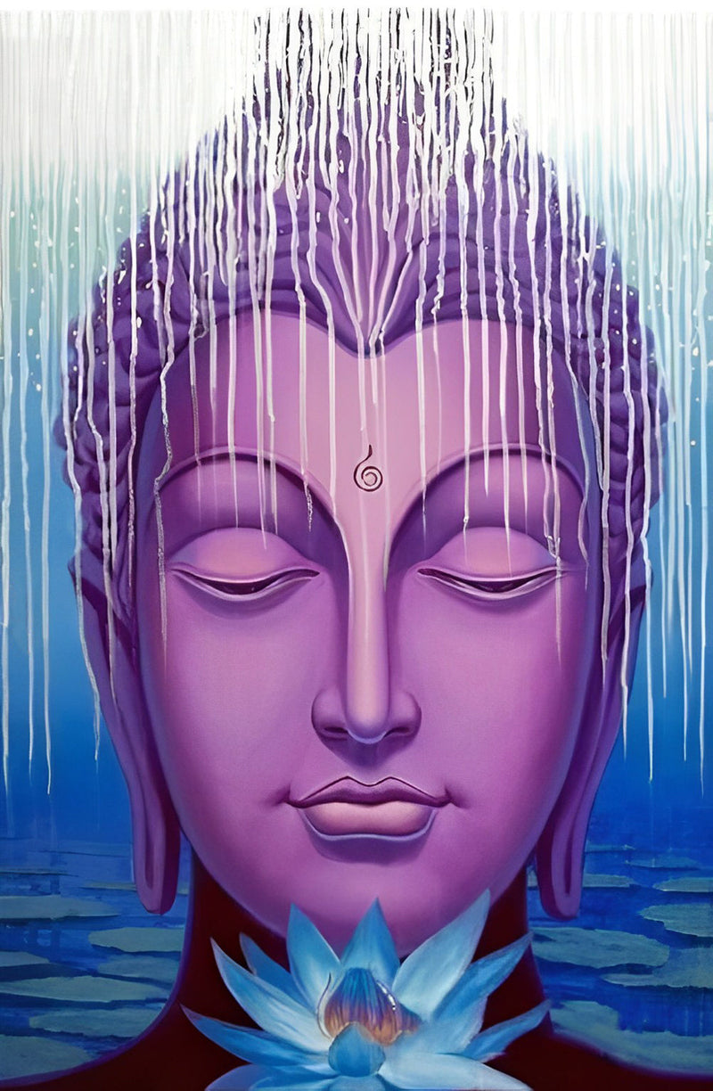 Lila Buddha-Statue und blaue Lotusblume Diamond Painting