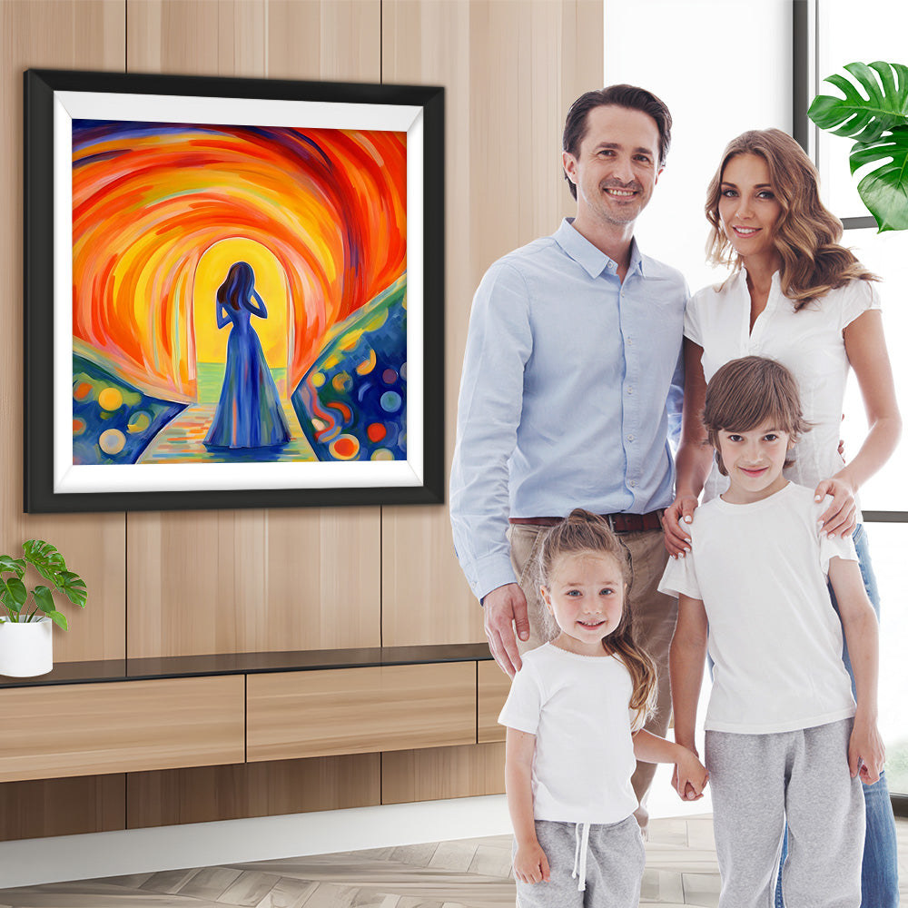 Abstrakte Frau im blauen Kleid Diamond Painting