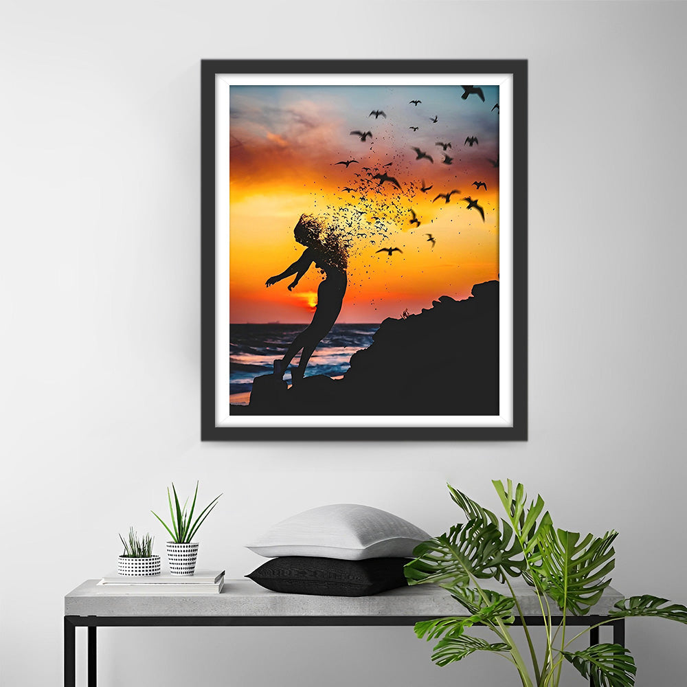 Abstrakte Frau und Vögel Diamond Painting