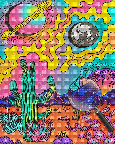 Abstrakte Kakteen und Planeten Diamond Painting