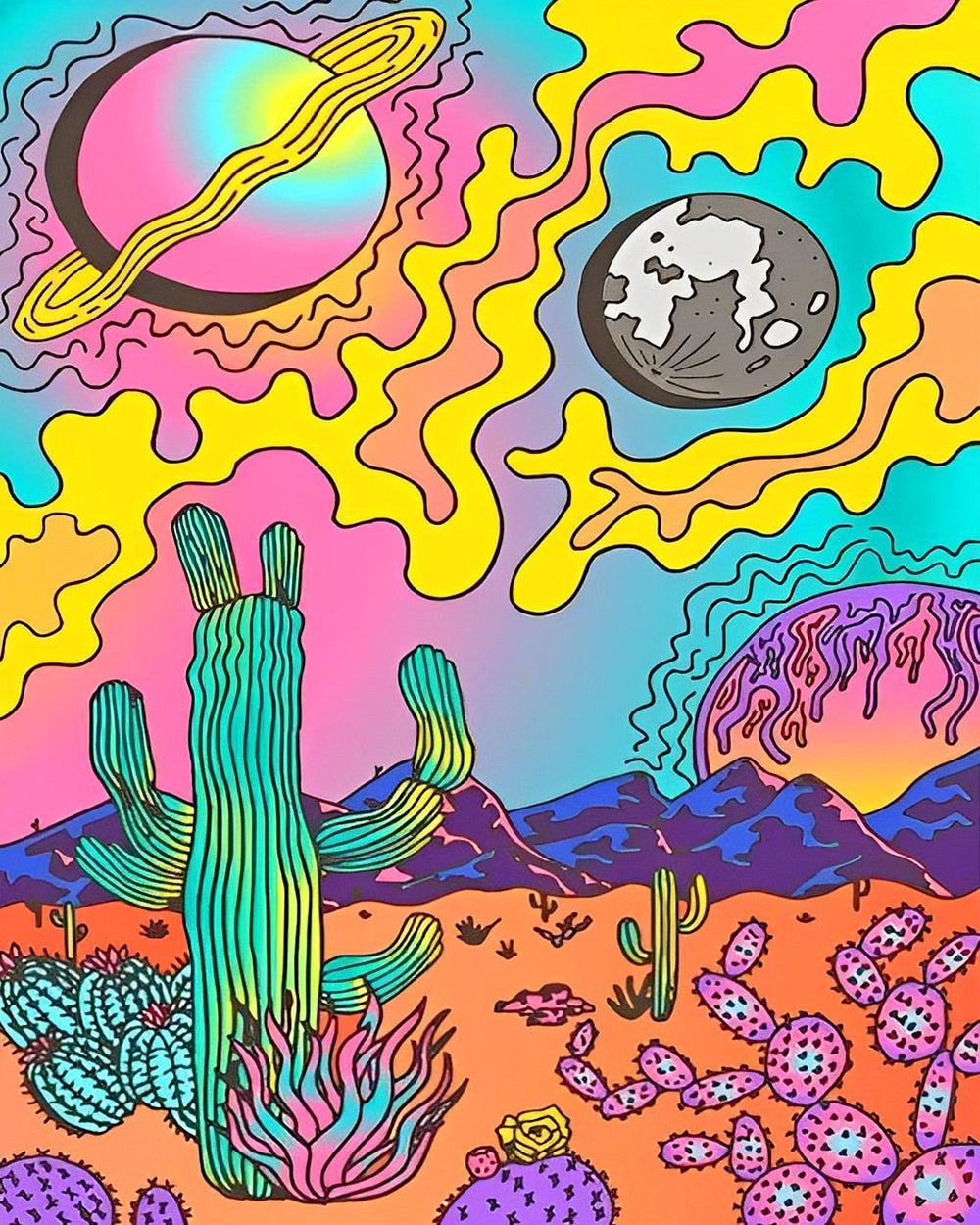 Abstrakte Kakteen und Planeten Diamond Painting