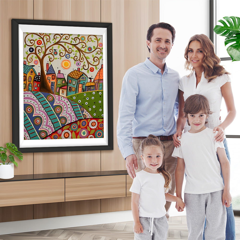 Abstrakte Märchenstadt unter dem Baum Diamond Painting