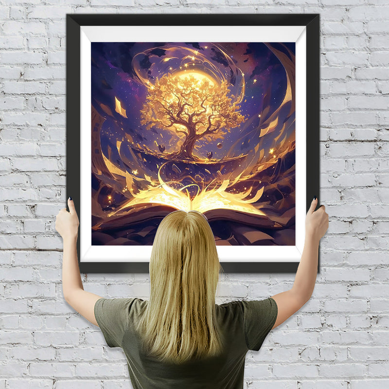 Abstrakter Baum, Mond und Buch Diamond Painting