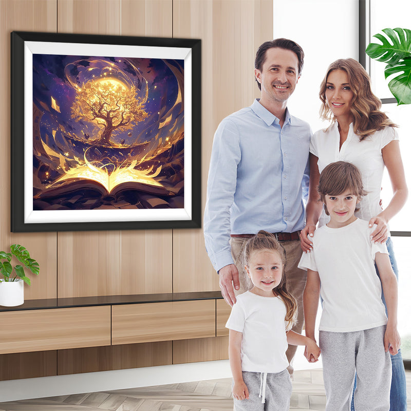 Abstrakter Baum, Mond und Buch Diamond Painting