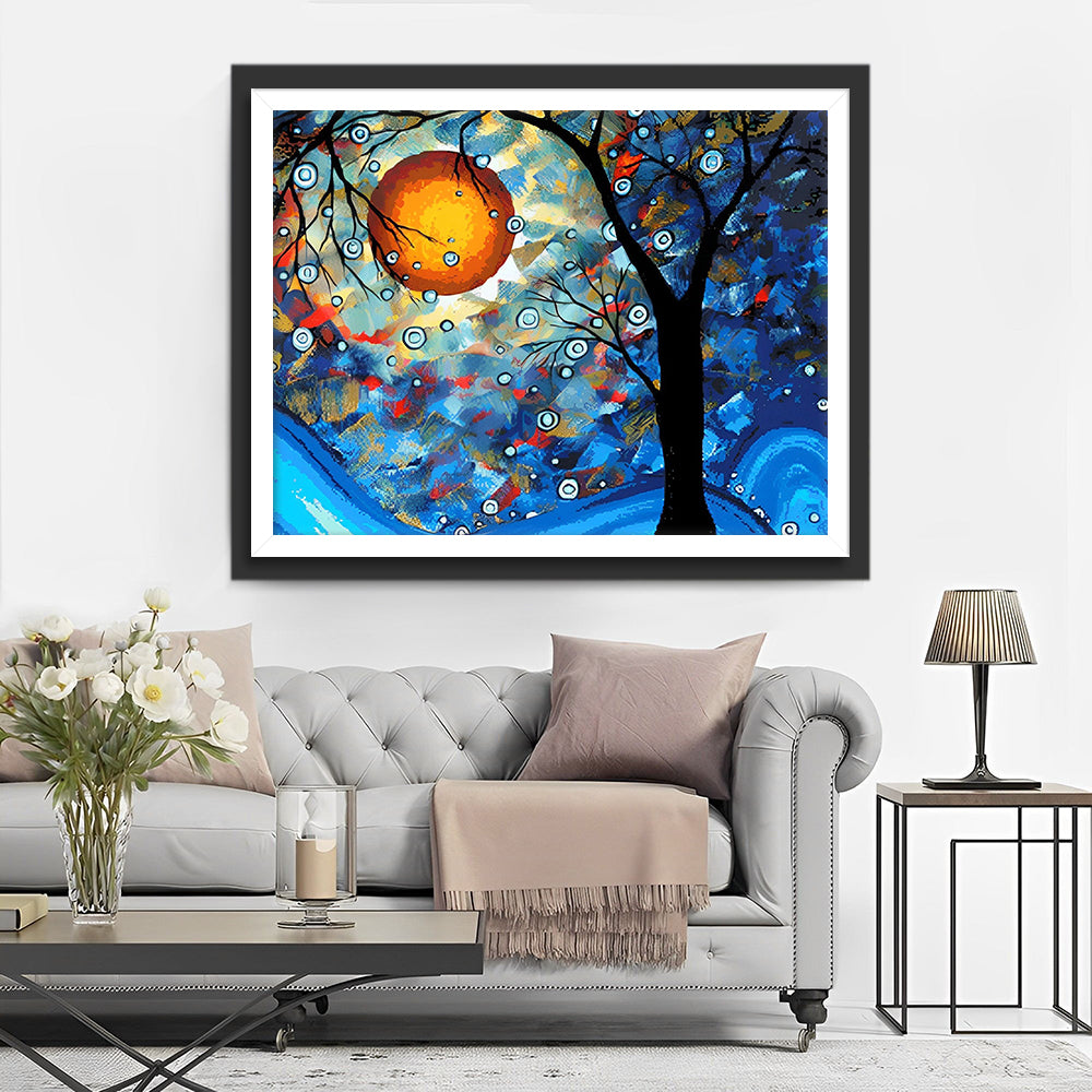 Abstrakter blauer Baum und Mond Diamond Painting