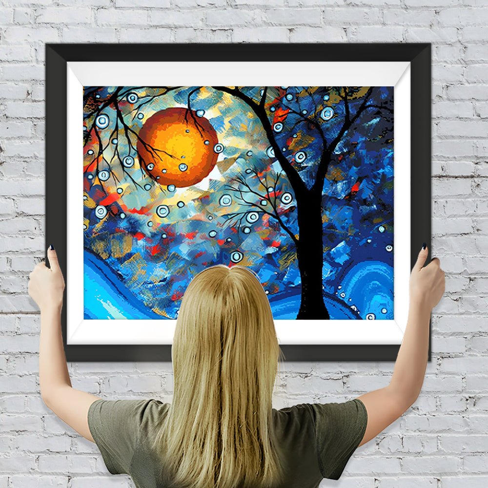 Abstrakter blauer Baum und Mond Diamond Painting