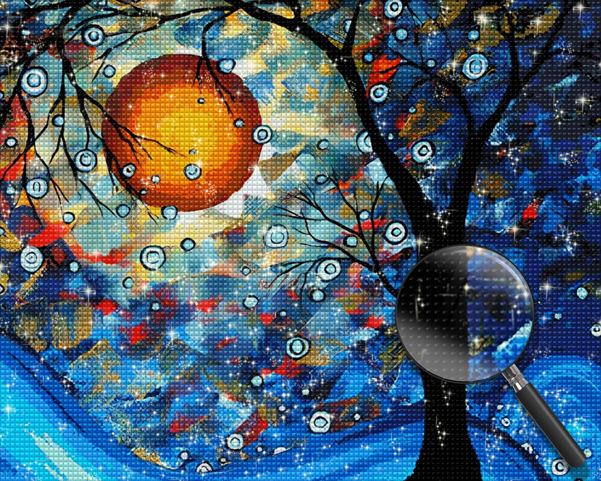 Abstrakter blauer Baum und Mond Diamond Painting