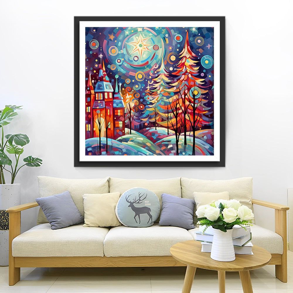 Abstrakter Weihnachtsbaum und Schloss Diamond Painting