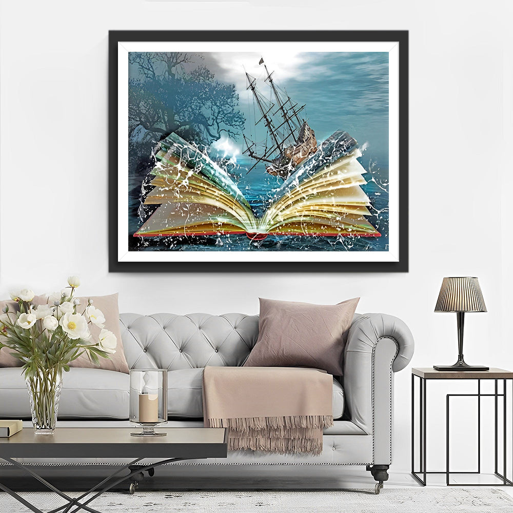Abstraktes Buch, Meer und Schiff Diamond Painting