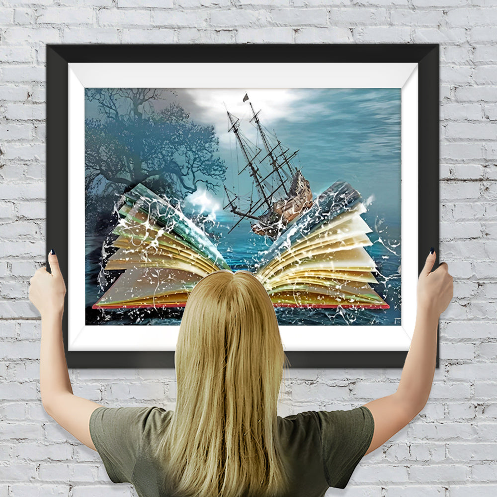 Abstraktes Buch, Meer und Schiff Diamond Painting