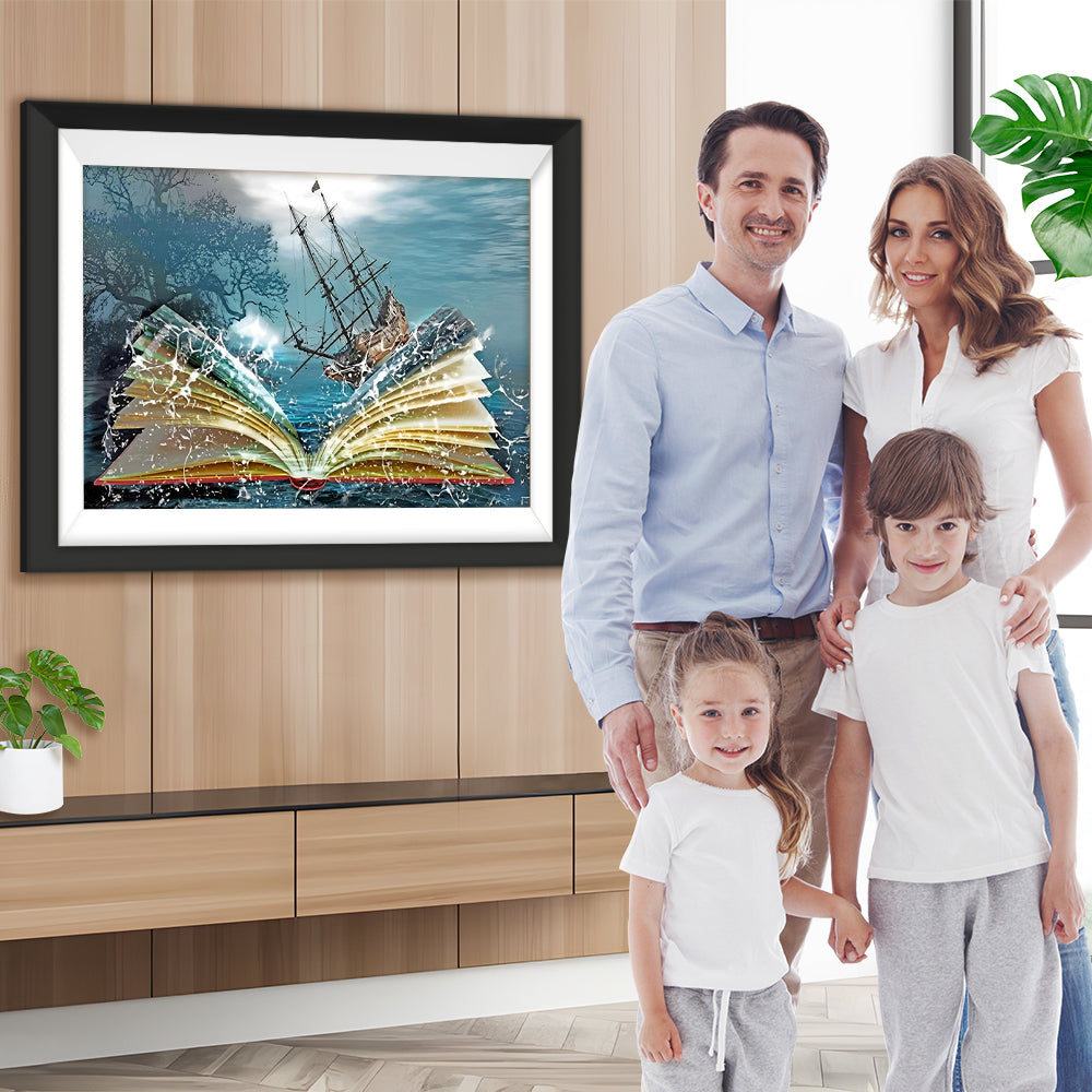 Abstraktes Buch, Meer und Schiff Diamond Painting